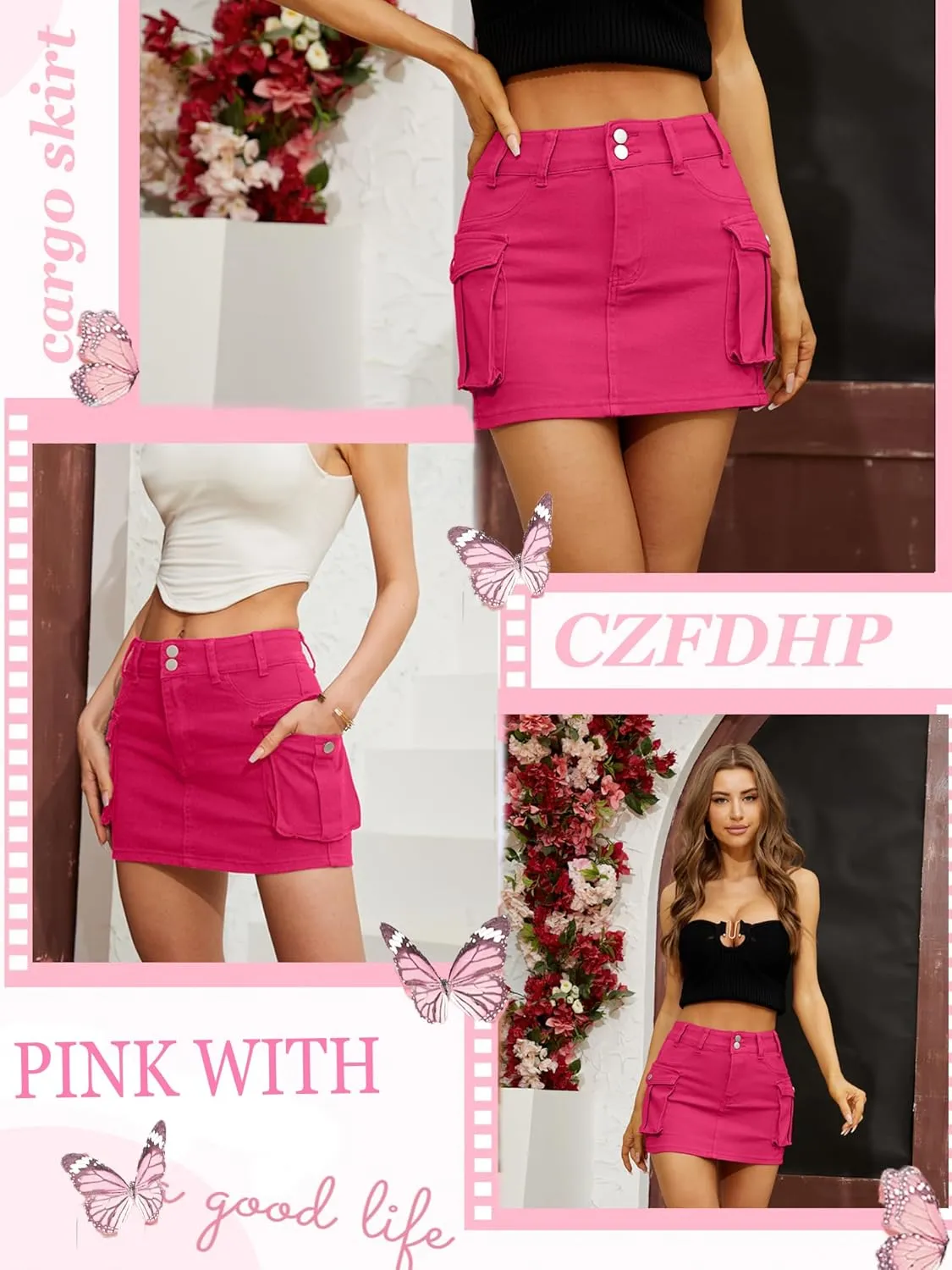 Low Waist Cargo Skirt Women Button Mini Cargo Denim Skirt with Pocket Mini Skirt