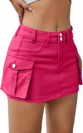 Low Waist Cargo Skirt Women Button Mini Cargo Denim Skirt with Pocket Mini Skirt