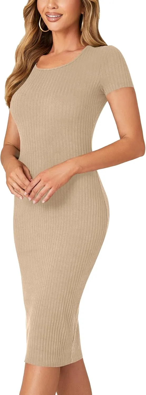 LYANER Women's Summer Round Neck Short Sleeve Ribbed Knit Bodycon Pencil Midi Dress