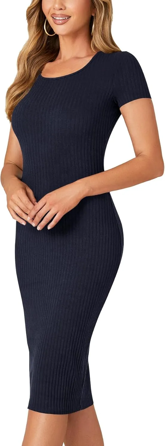 LYANER Women's Summer Round Neck Short Sleeve Ribbed Knit Bodycon Pencil Midi Dress