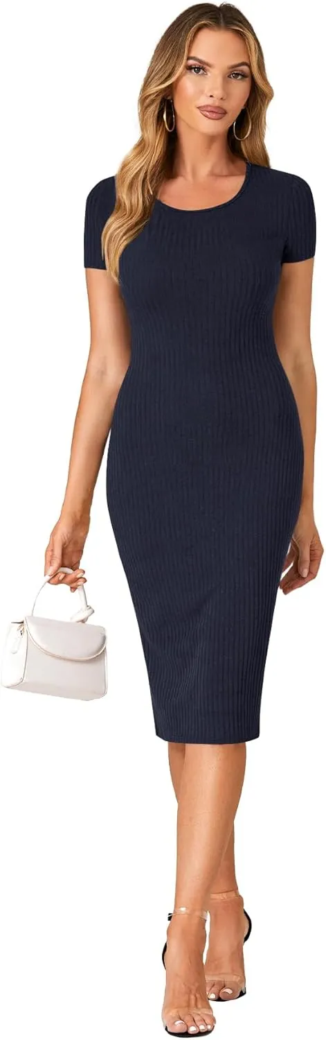 LYANER Women's Summer Round Neck Short Sleeve Ribbed Knit Bodycon Pencil Midi Dress