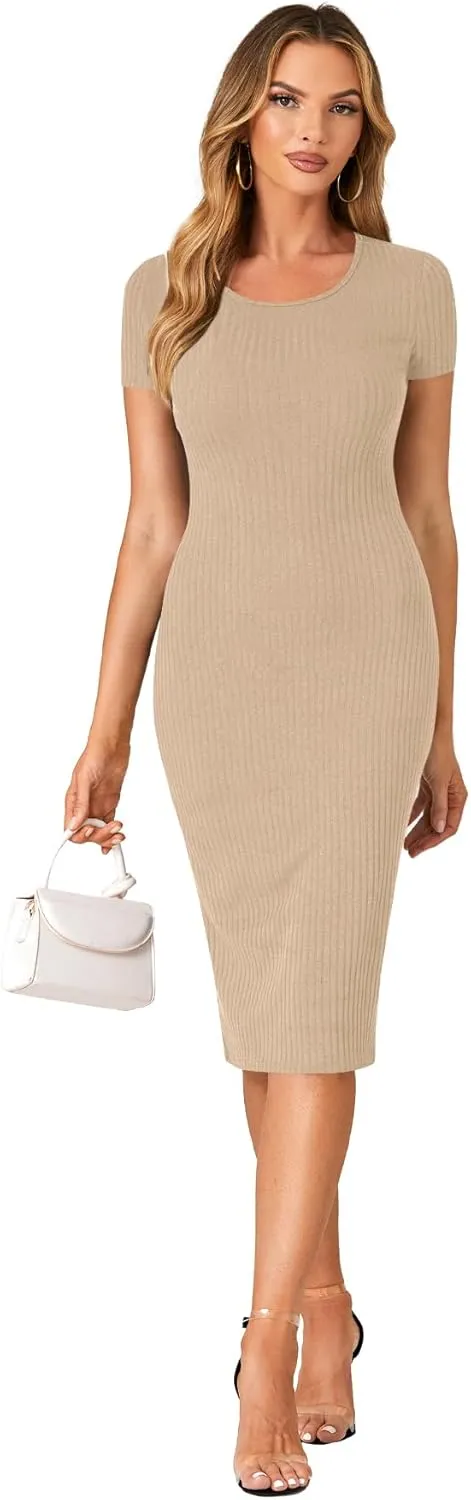 LYANER Women's Summer Round Neck Short Sleeve Ribbed Knit Bodycon Pencil Midi Dress