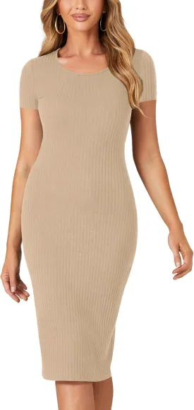 LYANER Women's Summer Round Neck Short Sleeve Ribbed Knit Bodycon Pencil Midi Dress