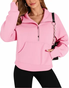 MANGOPOP Quarter Zip Pullover Women Sweatshirts Hoodies with Thumb Holes 2 Kangaroo Pockets Half Zip Cropped Clothes