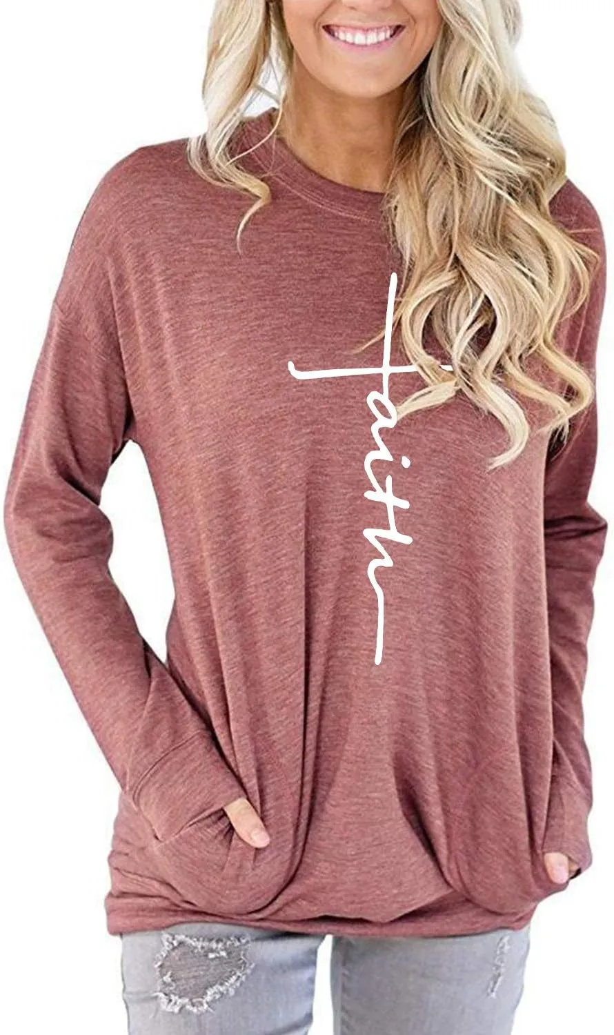 Mansy Women's Faith Sweatshirt Loose Fit Long Sleeve Crewneck Christian Letter Print Tunic Tops with Pocket
