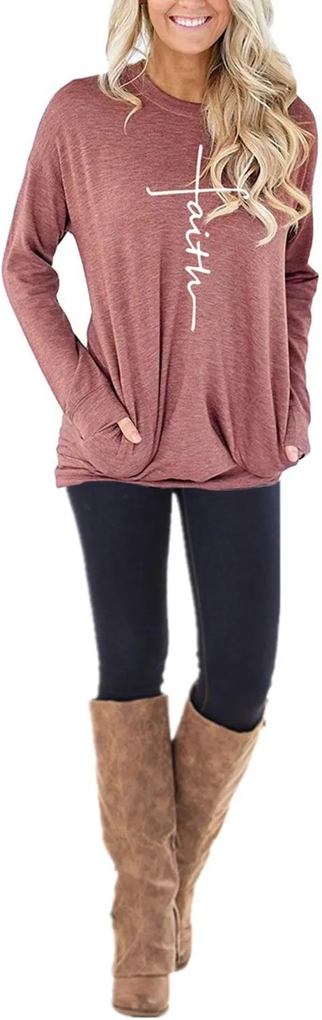 Mansy Women's Faith Sweatshirt Loose Fit Long Sleeve Crewneck Christian Letter Print Tunic Tops with Pocket