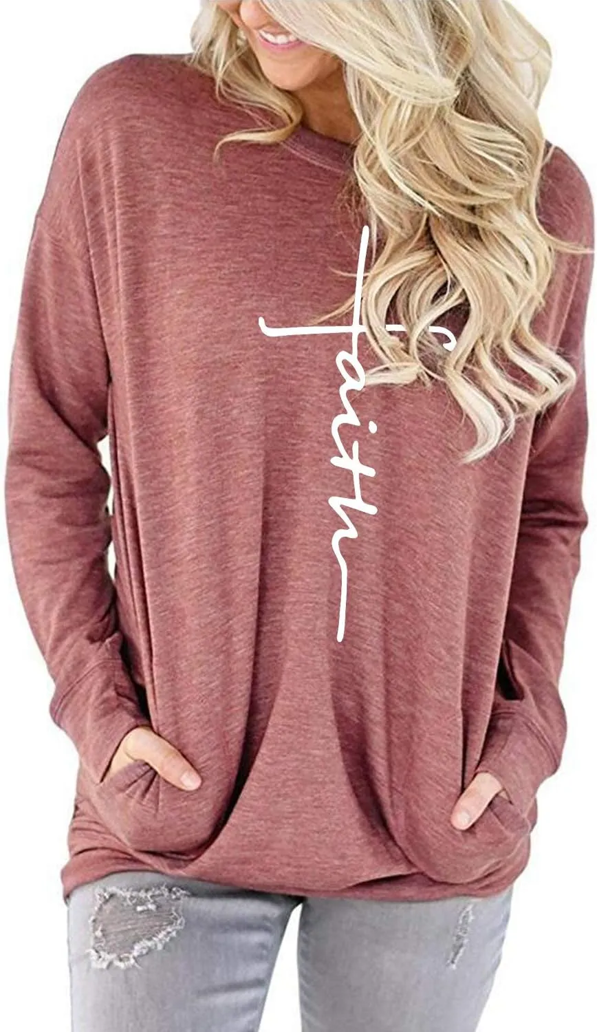 Mansy Women's Faith Sweatshirt Loose Fit Long Sleeve Crewneck Christian Letter Print Tunic Tops with Pocket