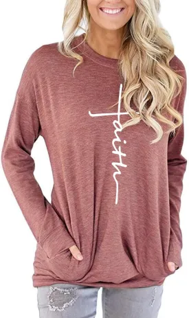 Mansy Women's Faith Sweatshirt Loose Fit Long Sleeve Crewneck Christian Letter Print Tunic Tops with Pocket