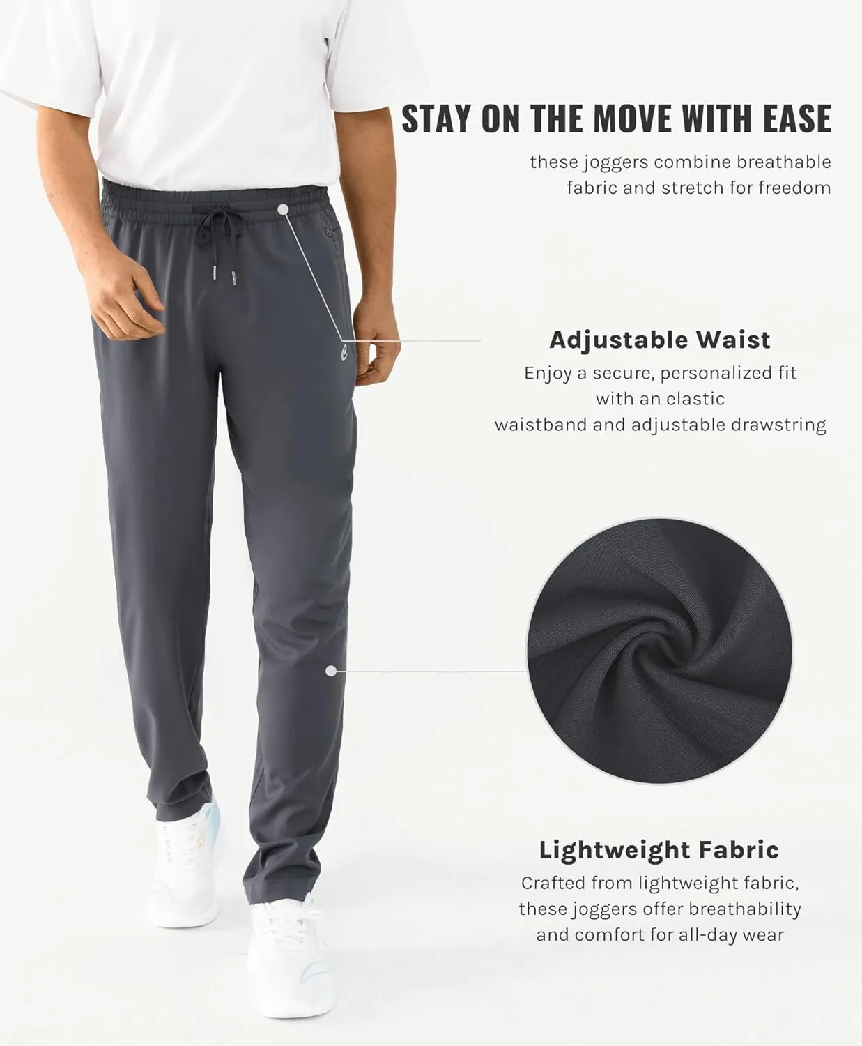 Mens Lightweight Joggers Stretch Tapered Joggers with Zipper Pockets Athletic Pants for Workout, Jogging, Running