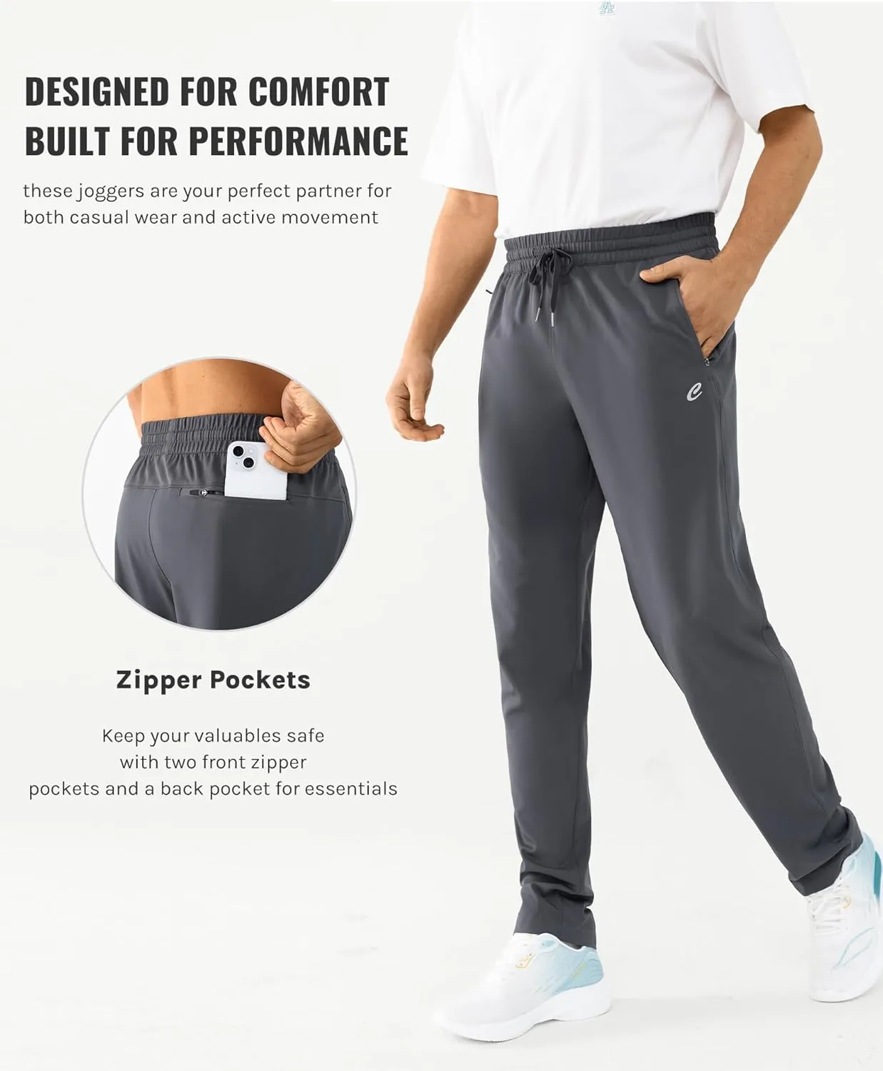 Mens Lightweight Joggers Stretch Tapered Joggers with Zipper Pockets Athletic Pants for Workout, Jogging, Running