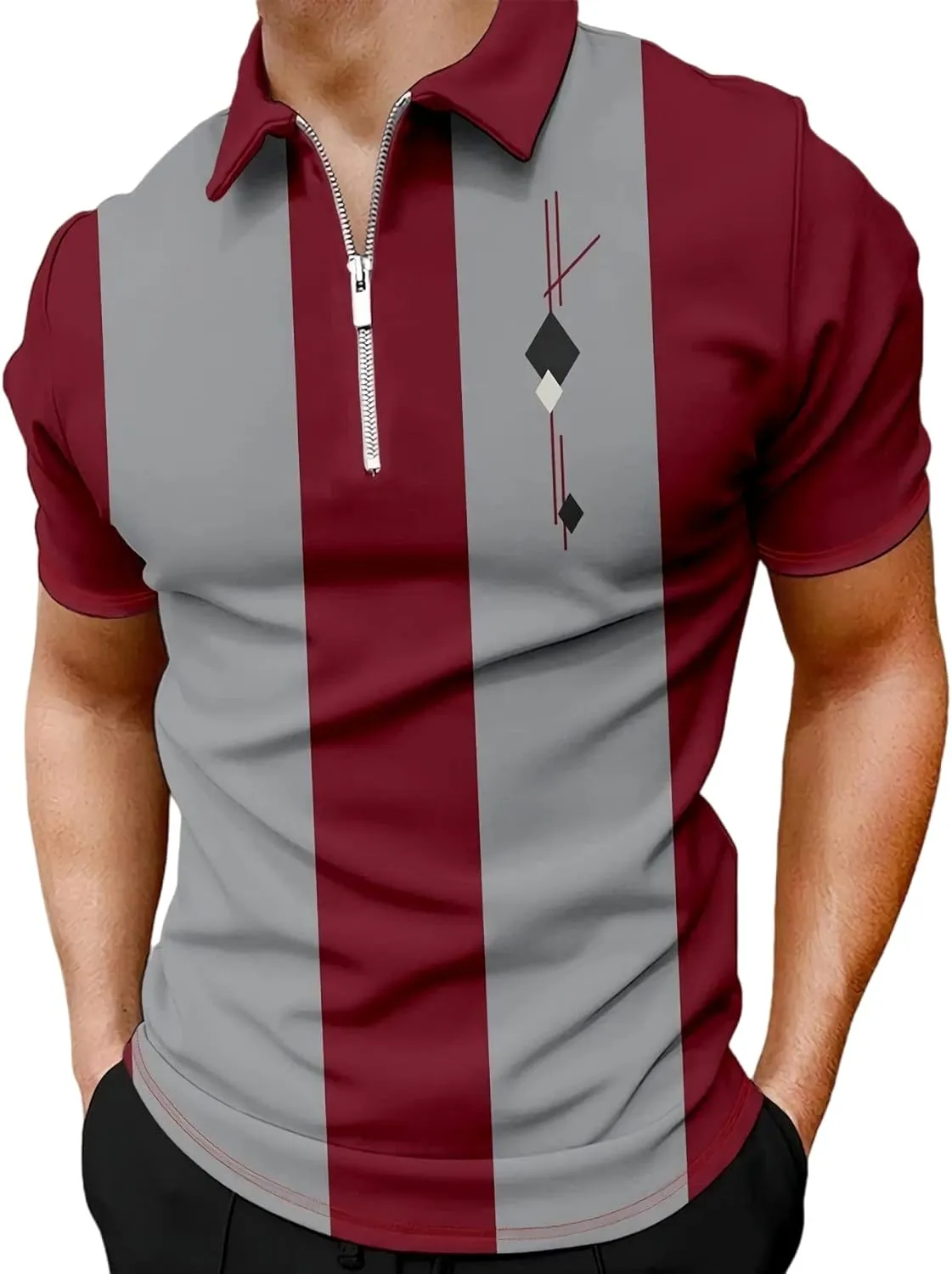 Men's Long Sleeve Polo Shirt Printed Zip Up Casual Slim Fit Golf Shirts Tops