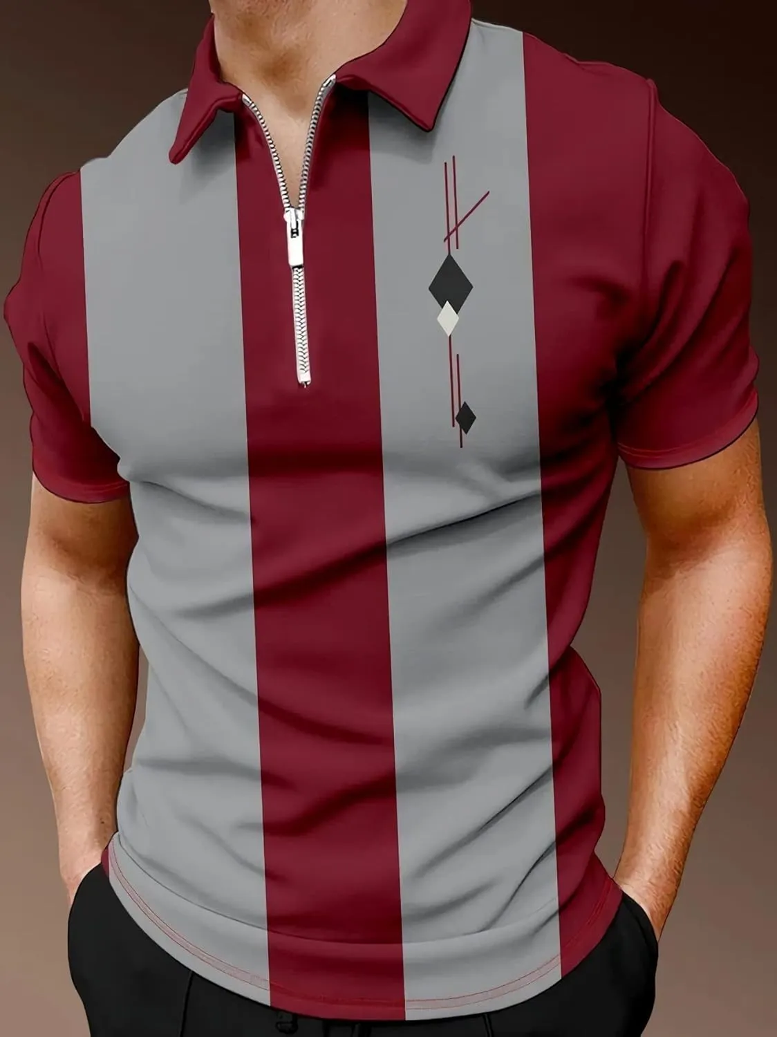 Men's Long Sleeve Polo Shirt Printed Zip Up Casual Slim Fit Golf Shirts Tops