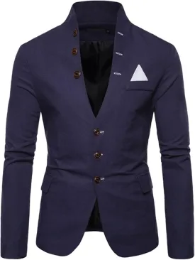 Mens Slim Fit Blazer Jacket Button Stand Collar Solid Suit Coats Casual Business Dress Blazer Coat