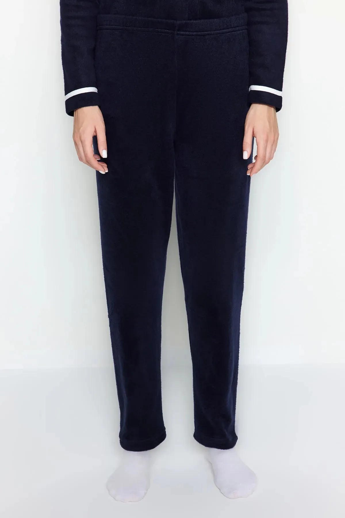Navy Blue Piping Detailed Sleep Band Polar Thick Winter Knitted Pajama Set
