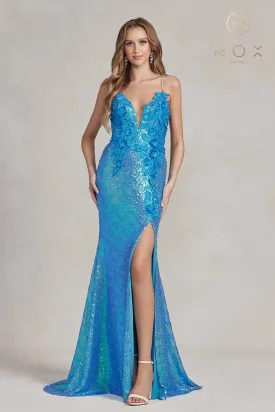 Nox Anabel R1207 Size 0 Long Iridescent Turquoise Floral Lace Sequin Prom Dress Slit Backless Corset Gown Turquoise