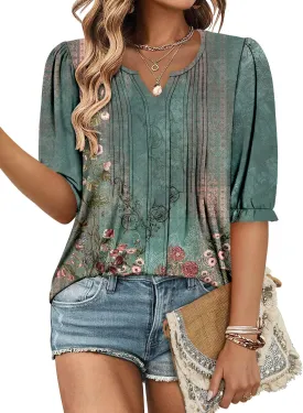 ONLYSHE Women's 3/4 Length Shirts Summer Floral Tunic Tops V Neck Shirts Loose Fit Henly Blouse for Leggings