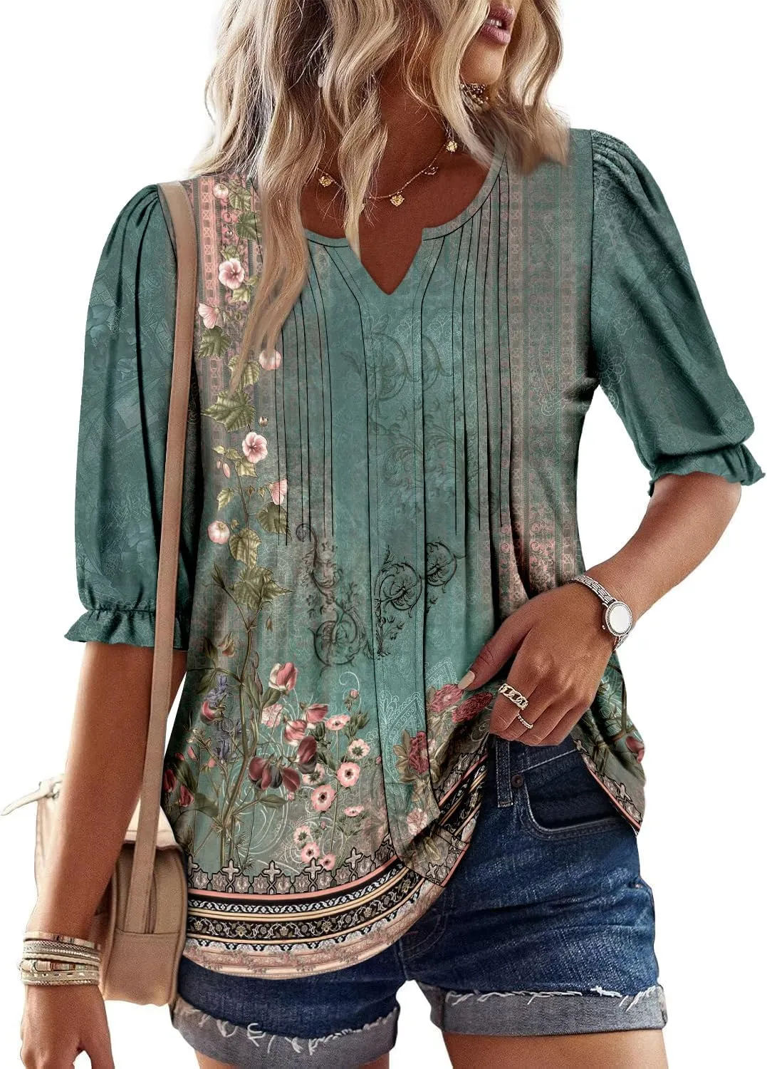 ONLYSHE Women's 3/4 Length Shirts Summer Floral Tunic Tops V Neck Shirts Loose Fit Henly Blouse for Leggings