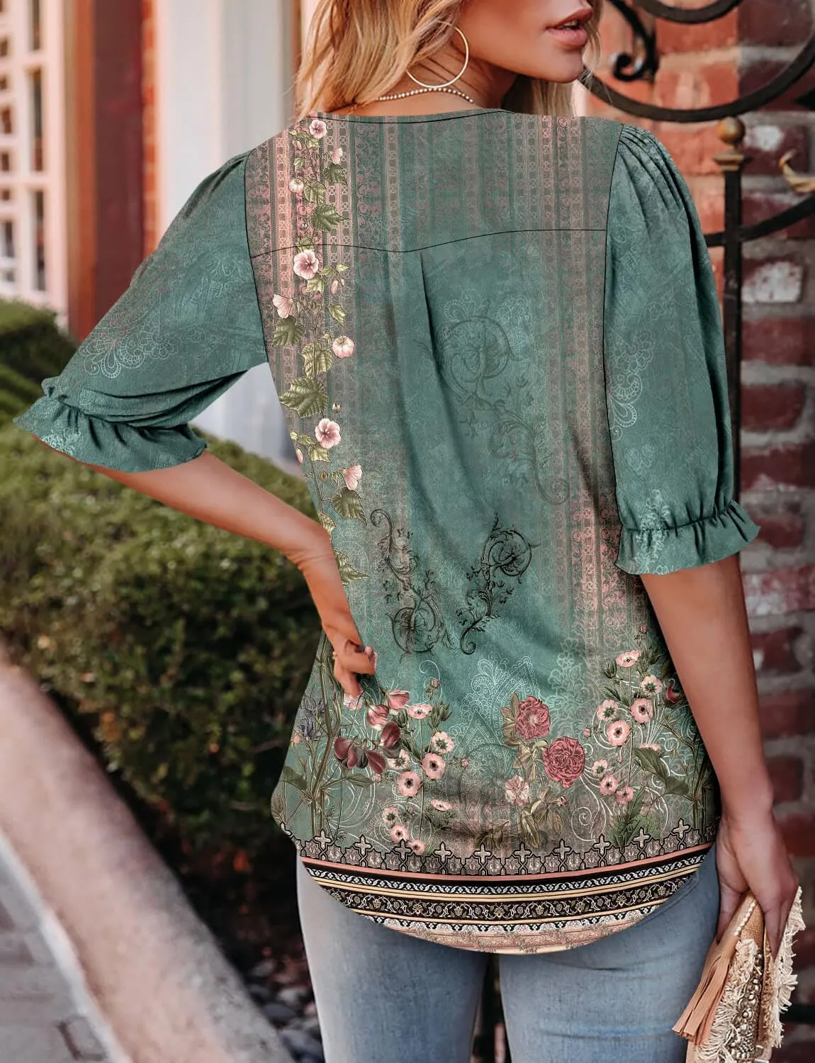 ONLYSHE Women's 3/4 Length Shirts Summer Floral Tunic Tops V Neck Shirts Loose Fit Henly Blouse for Leggings