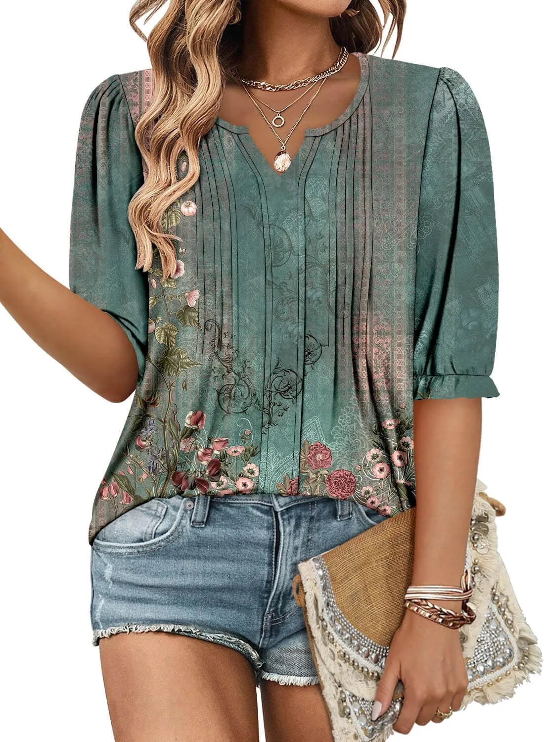 ONLYSHE Women's 3/4 Length Shirts Summer Floral Tunic Tops V Neck Shirts Loose Fit Henly Blouse for Leggings