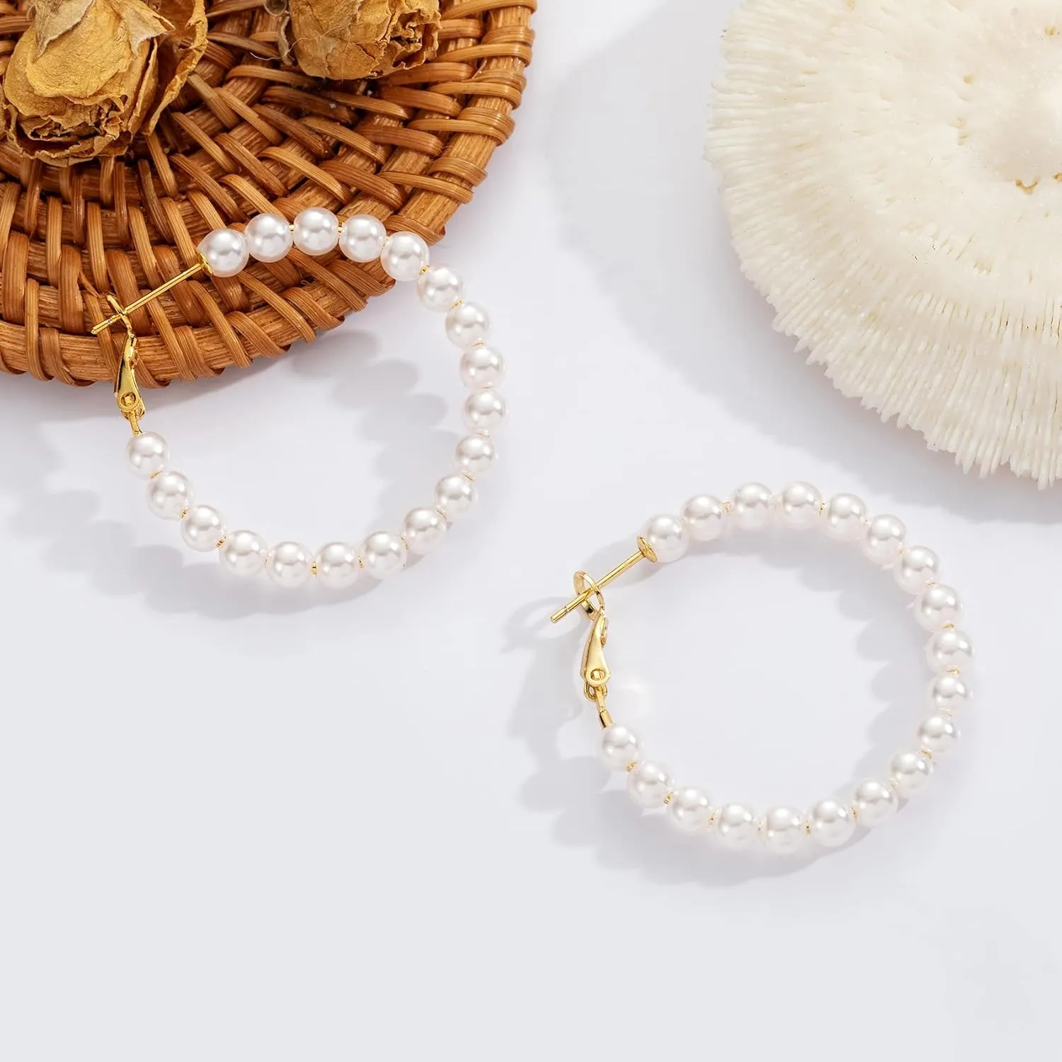 Pearl Hoop Earrings for Women Small Pearl Hoop Earrings Gold Plated Lightweight Open Large Circle Round Pearl Earrings Jewelry Birthday Gift for Women