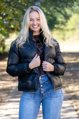 Pleather Puffer Coat - Black