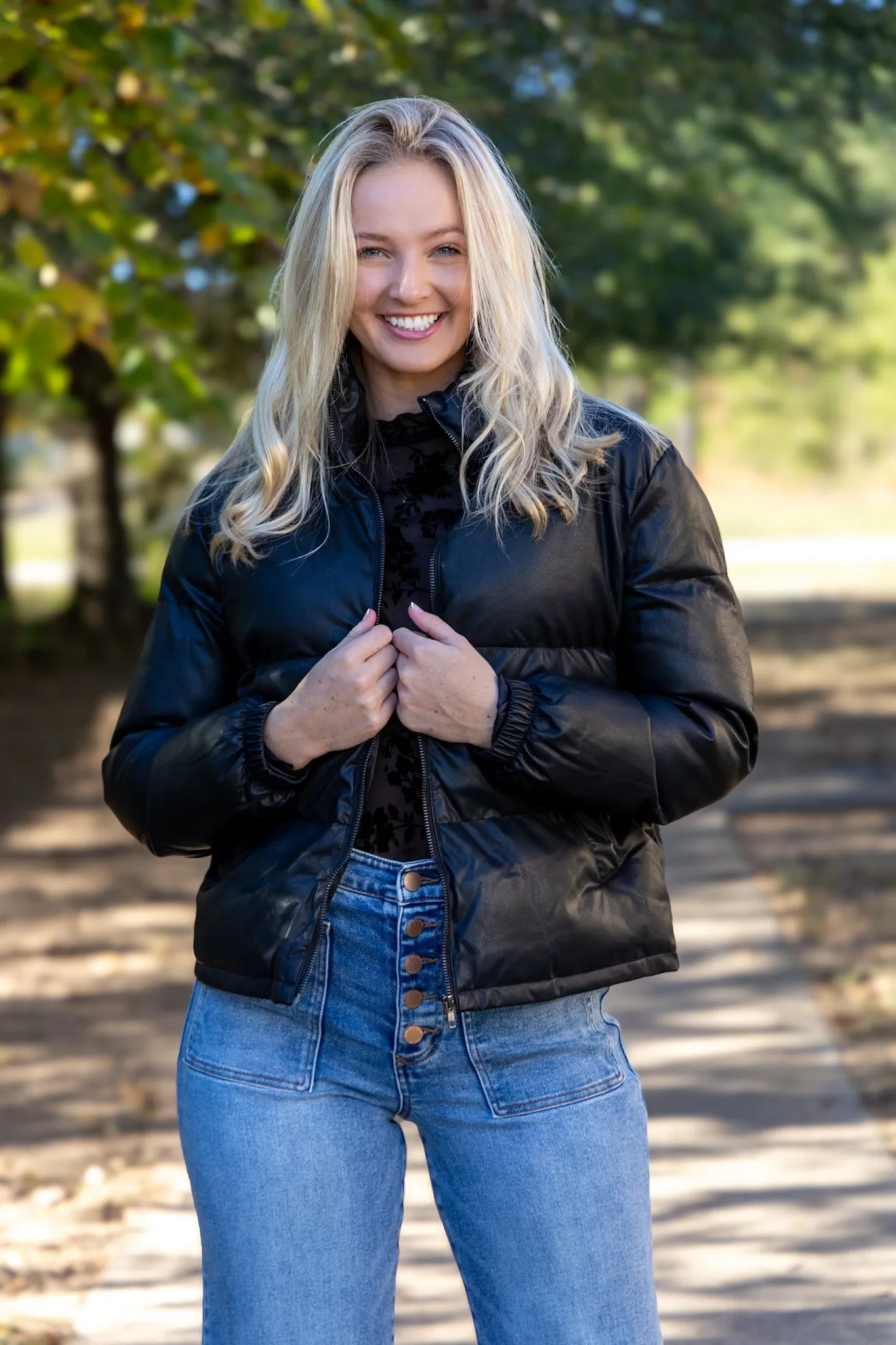 Pleather Puffer Coat - Black