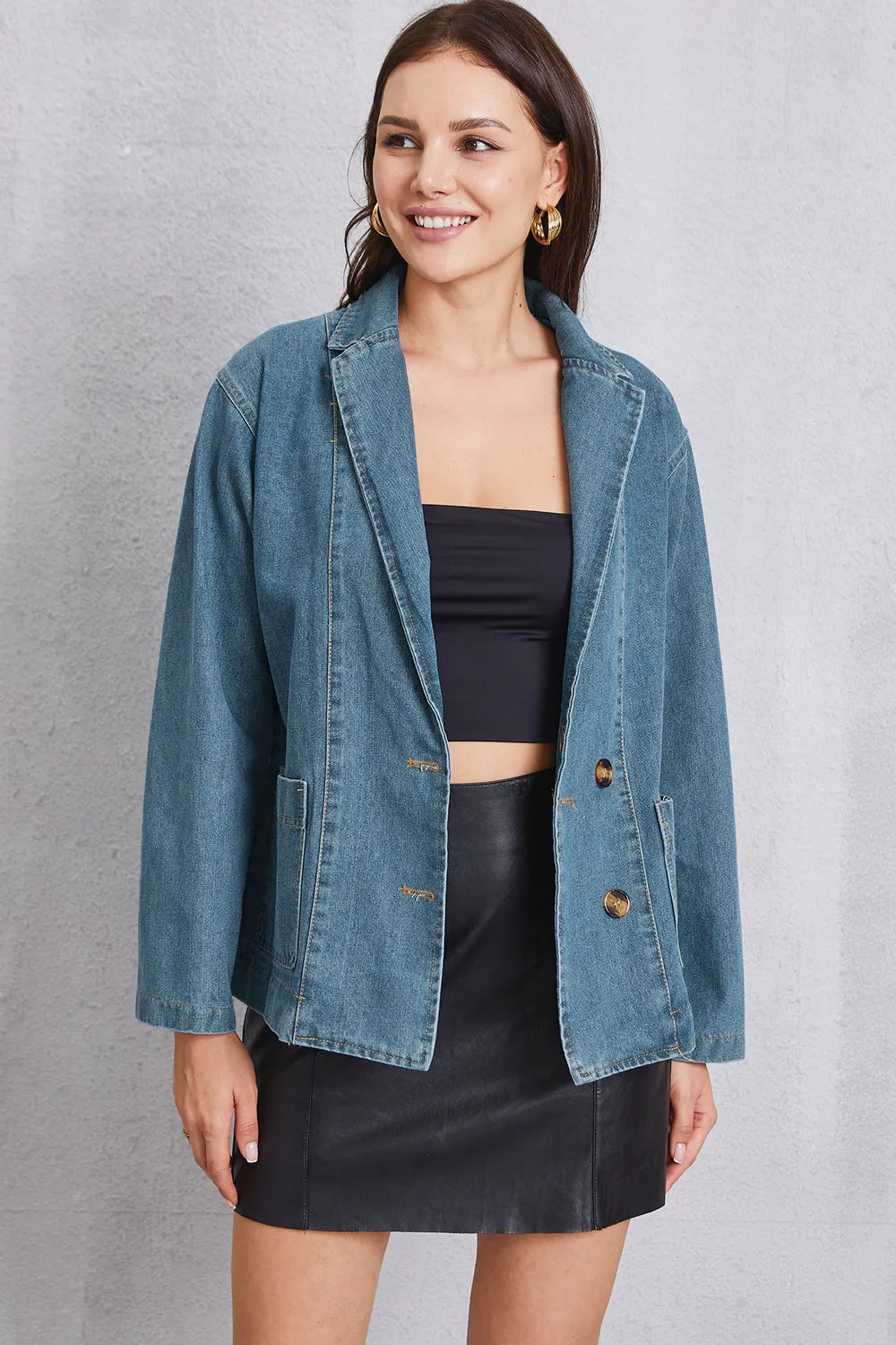 Pocketed button-up denim blazer jacket