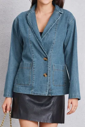 Pocketed button-up denim blazer jacket