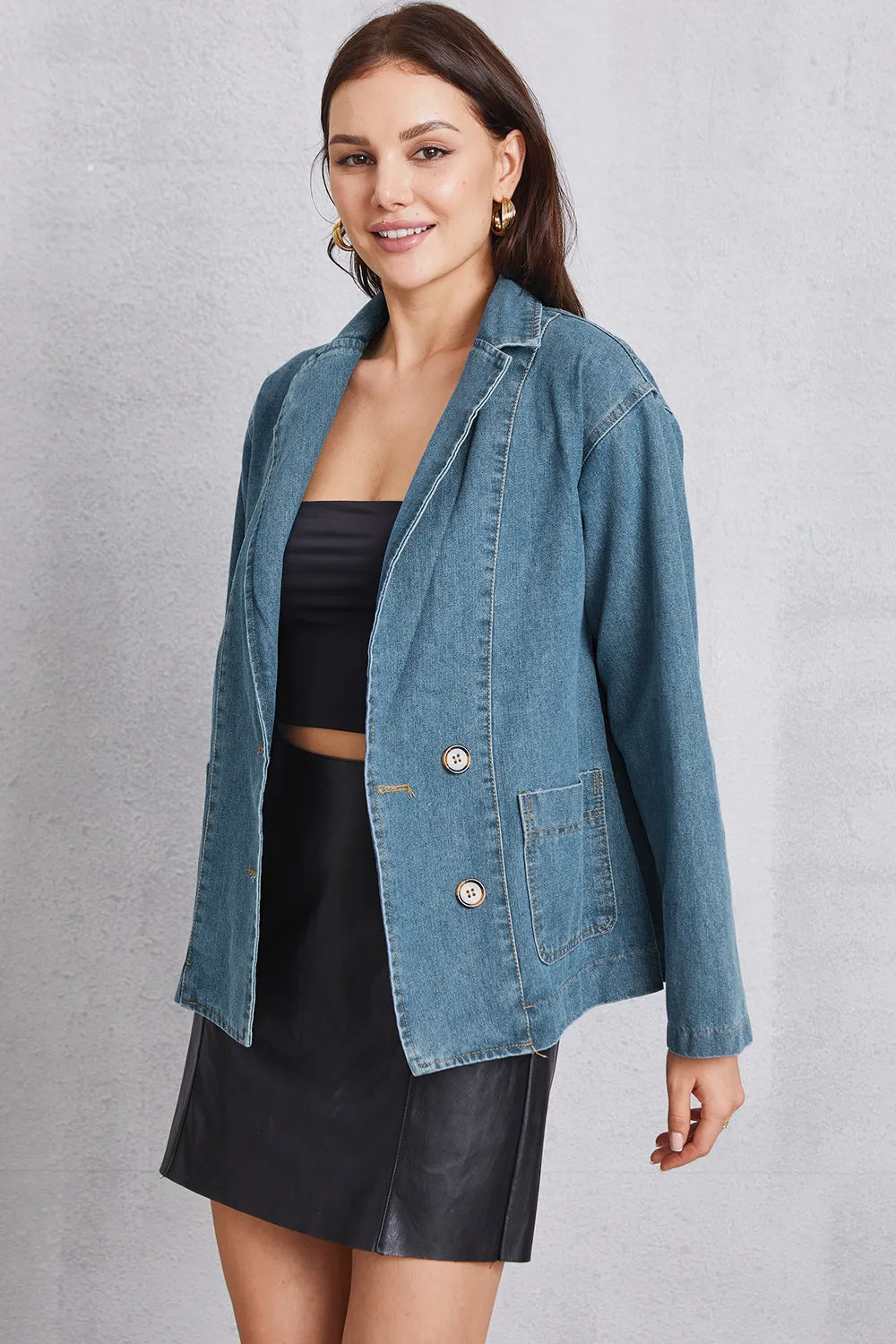 Pocketed button-up denim blazer jacket