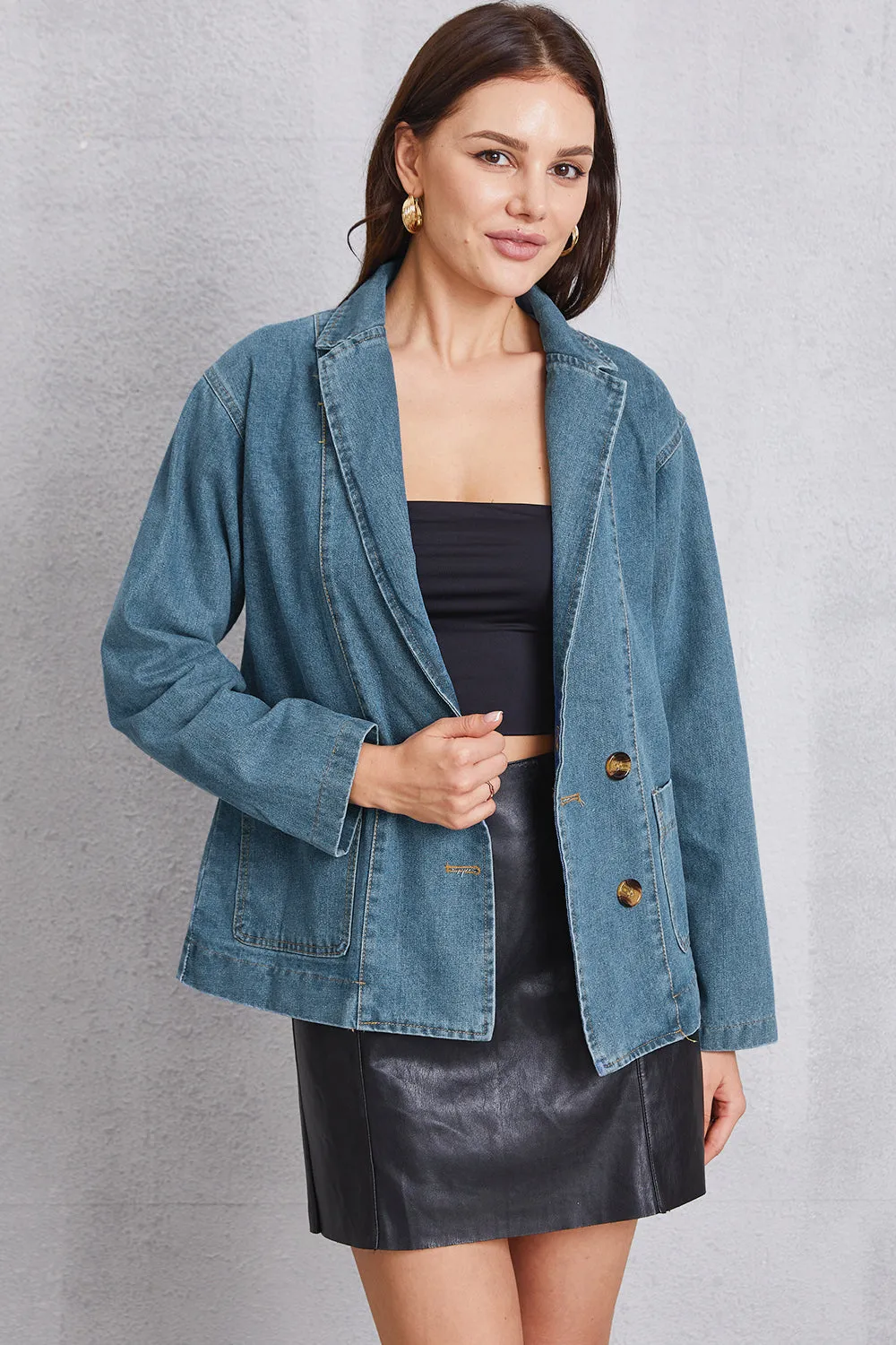 Pocketed button-up denim blazer jacket