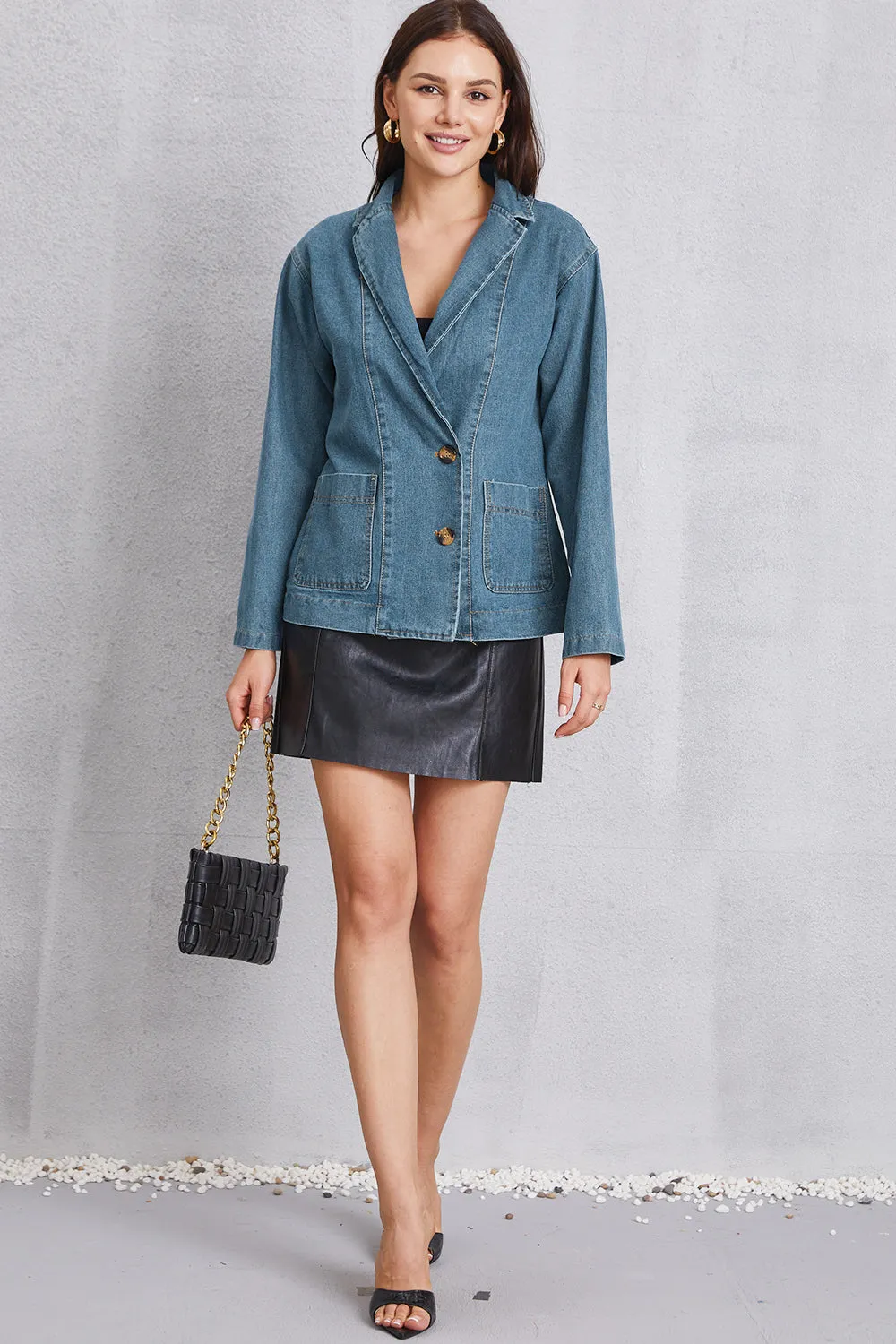 Pocketed button-up denim blazer jacket
