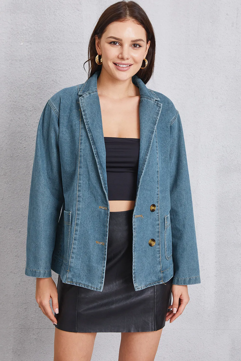 Pocketed button-up denim blazer jacket