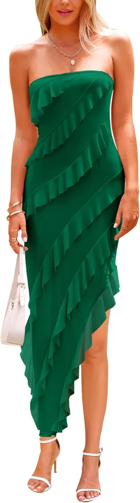 PRETTYGARDEN Womens Summer Maxi Dresses 2025 Strapless Tube Ruffle Asymmetrical Bodycon Party Cocktail Formal Long Dress
