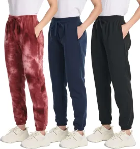 Real Essentials 3 Pack: Women's Fleece Jogger Sweatpants (Available in Plus Size)
