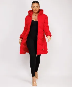 Red Long Puffer Coat With Belt And Gold Button Detail
