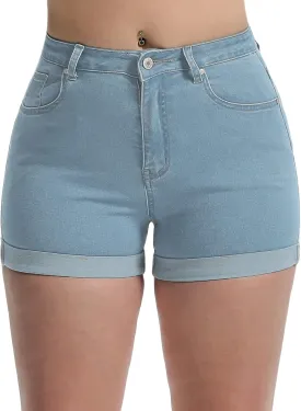 Romastory Women's High Waisted Summer Elastic Jean Shorts Folded Hem Hot Denim Shorts for Women