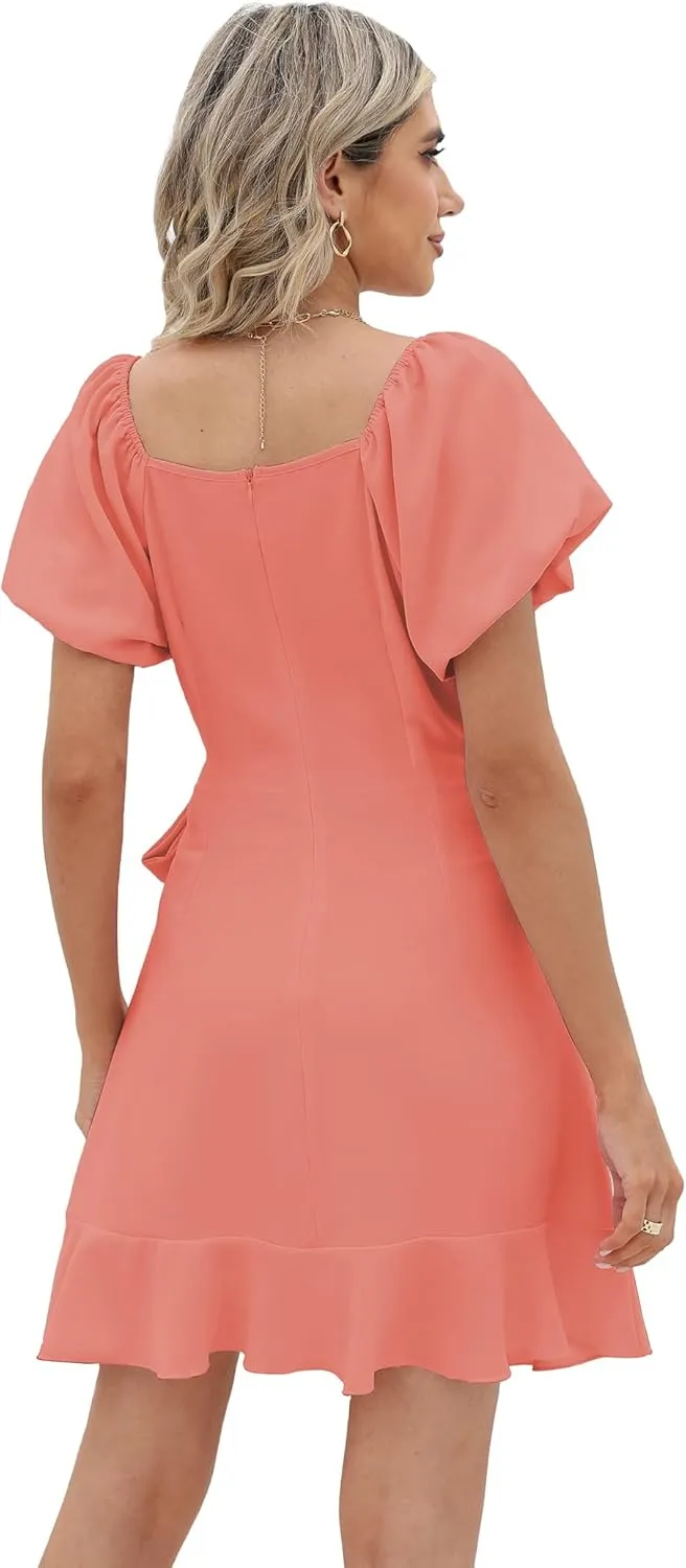SAMPEEL Womens Summer Dresses Square Neck Puff Sleeve Tie Waist Short Dress