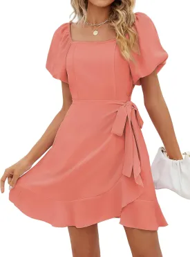 SAMPEEL Womens Summer Dresses Square Neck Puff Sleeve Tie Waist Short Dress