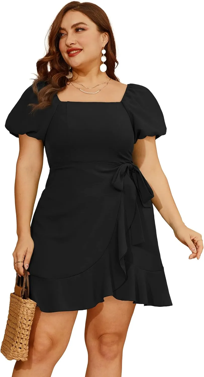 SAMPEEL Womens Summer Dresses Square Neck Puff Sleeve Tie Waist Short Dress