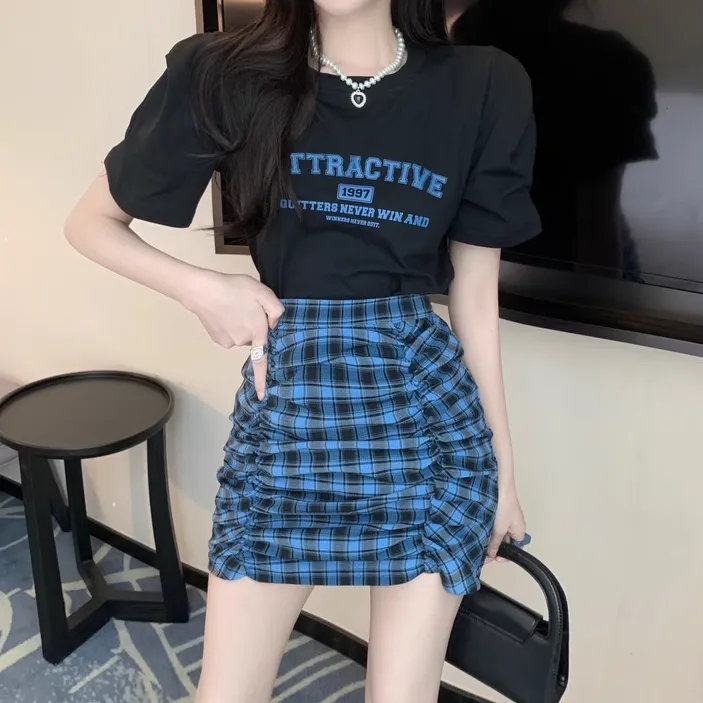 Set Printed T-Shirt Plaid Pleated Short Skirt