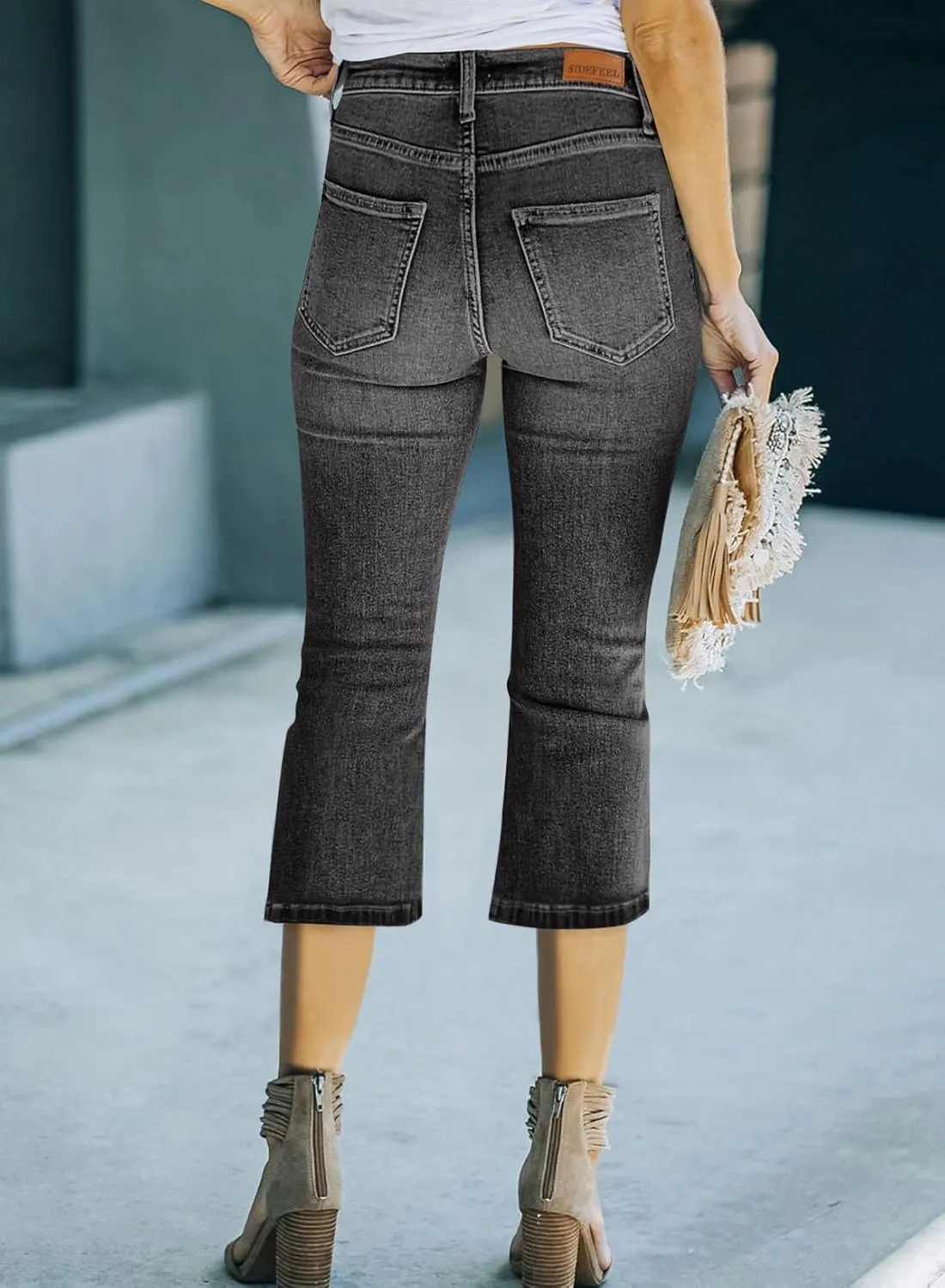 Sidefeel Women's High Waisted Capri Jeans Bell Bottoms Bootcut Summer Zimbaplatinum Denim Flare Pants