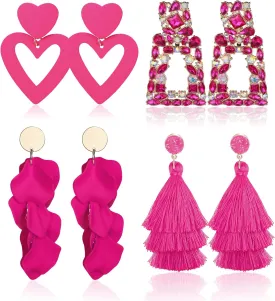 Subiceto 4 Pairs Clip Earrings for Women Hot Pink Heart Dangle Drop Earrings Rhinestone Geometric Statement Earrings Long Rose PetalTassel Earring Non Piercing Earrings Set