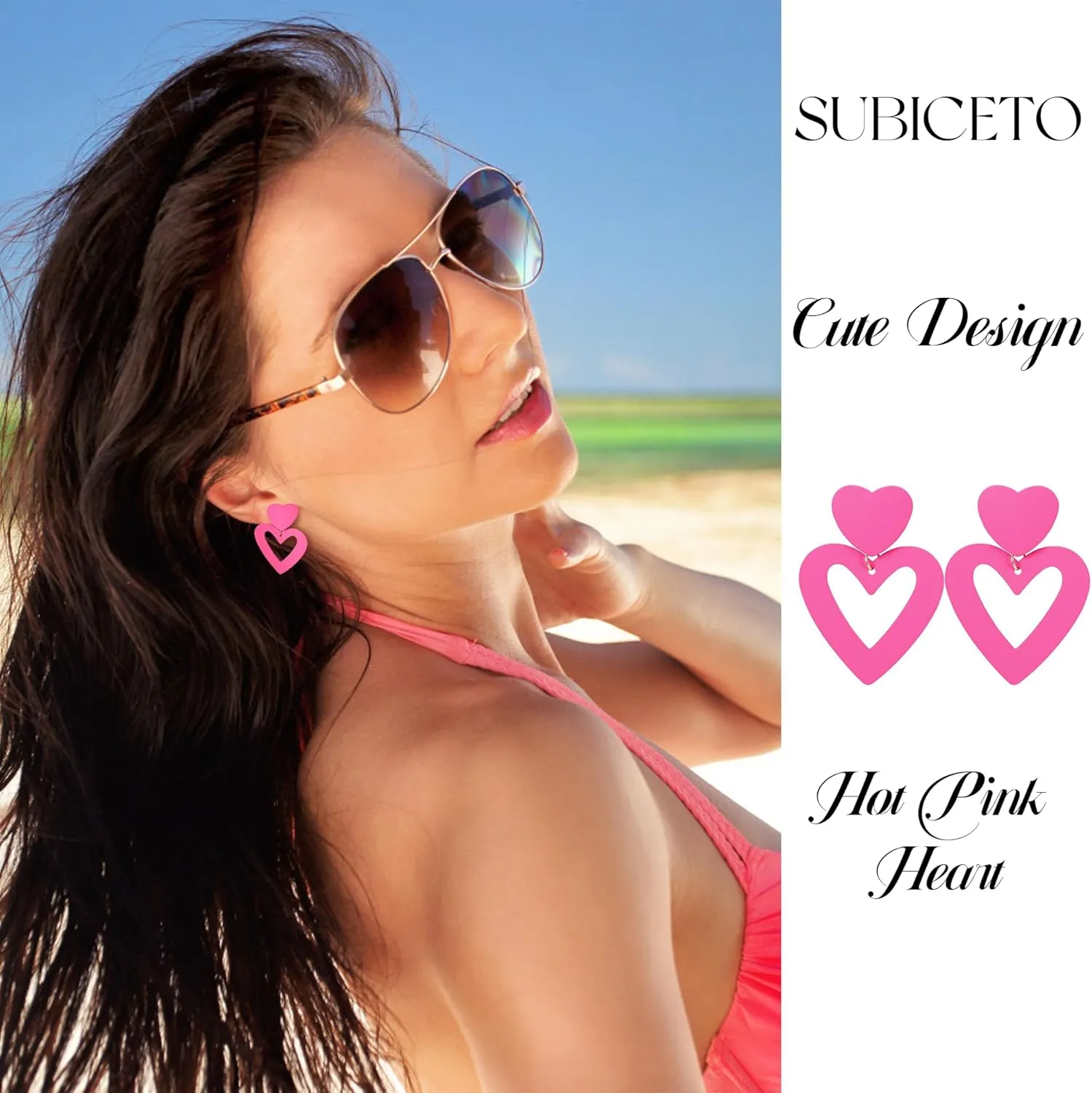 Subiceto 4 Pairs Clip Earrings for Women Hot Pink Heart Dangle Drop Earrings Rhinestone Geometric Statement Earrings Long Rose PetalTassel Earring Non Piercing Earrings Set
