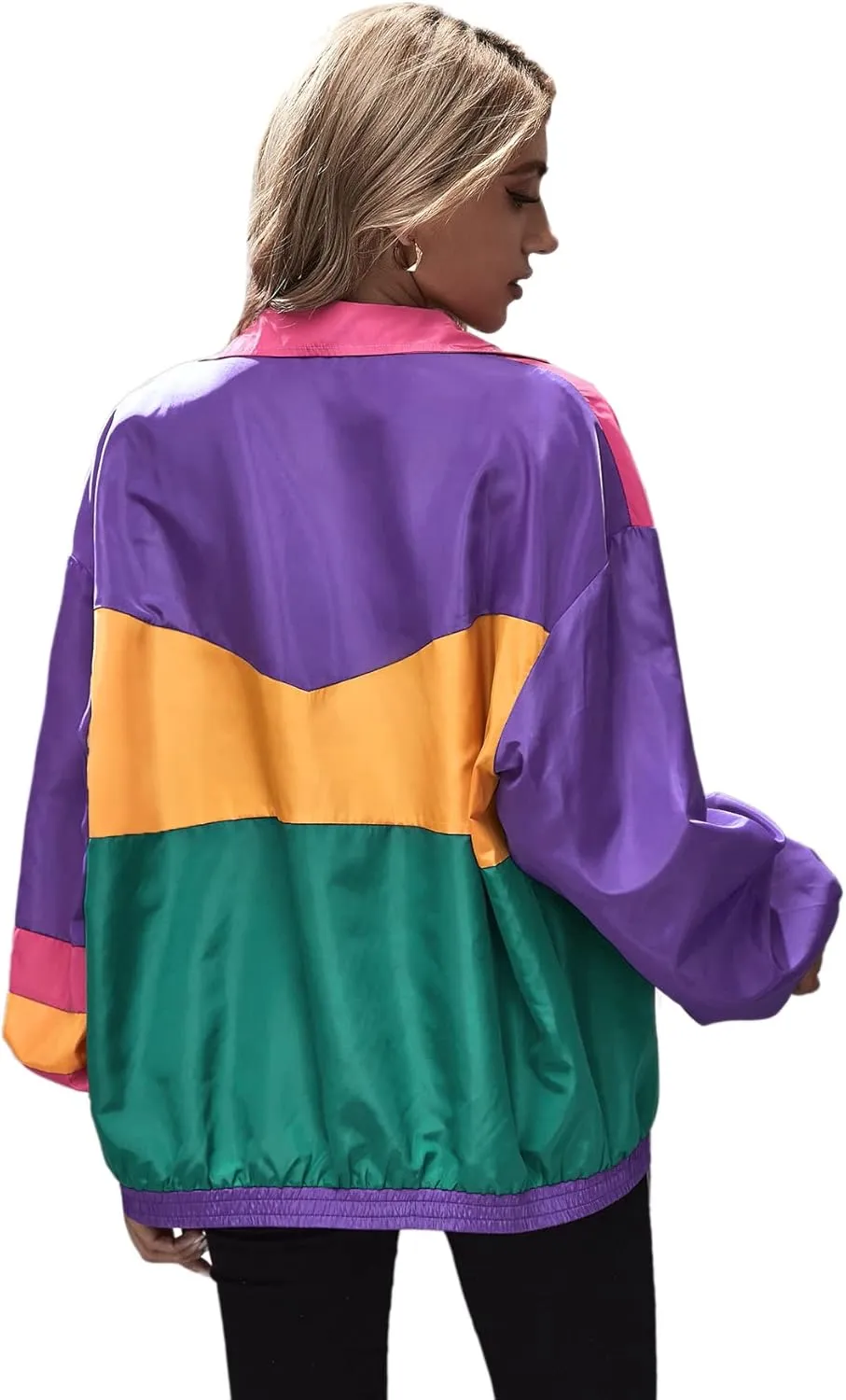 SweatyRocks Women's Zip Up Color Block Lightweight Jacket Patchwork Sport Windbreaker Jacket Coat Outerwear
