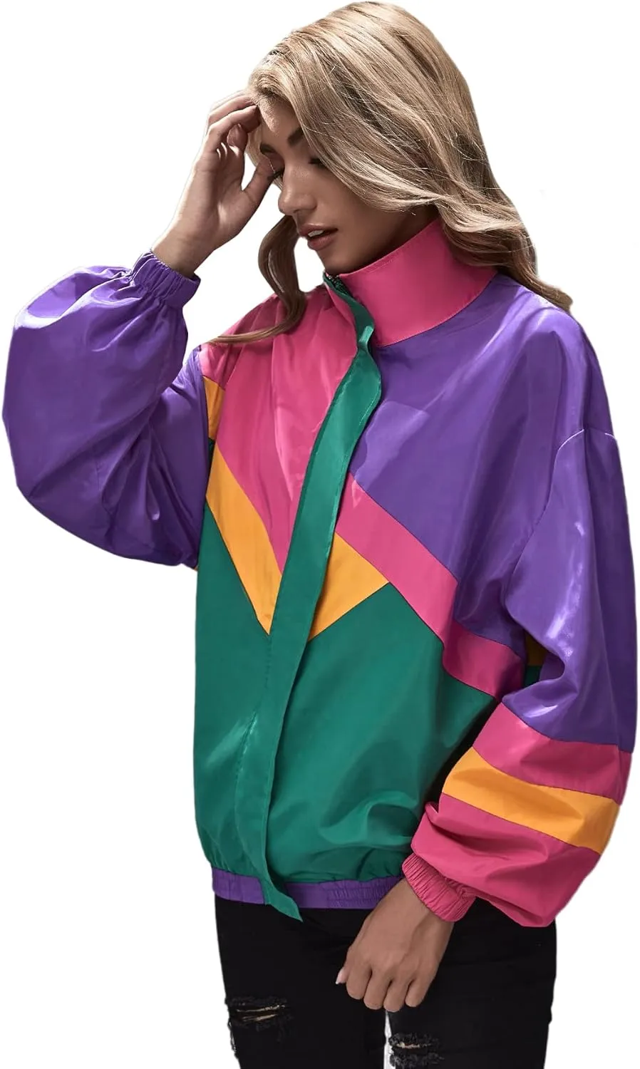 SweatyRocks Women's Zip Up Color Block Lightweight Jacket Patchwork Sport Windbreaker Jacket Coat Outerwear