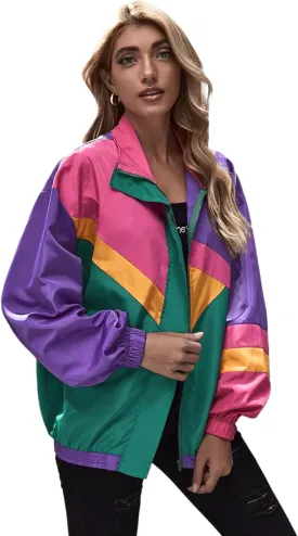 SweatyRocks Women's Zip Up Color Block Lightweight Jacket Patchwork Sport Windbreaker Jacket Coat Outerwear