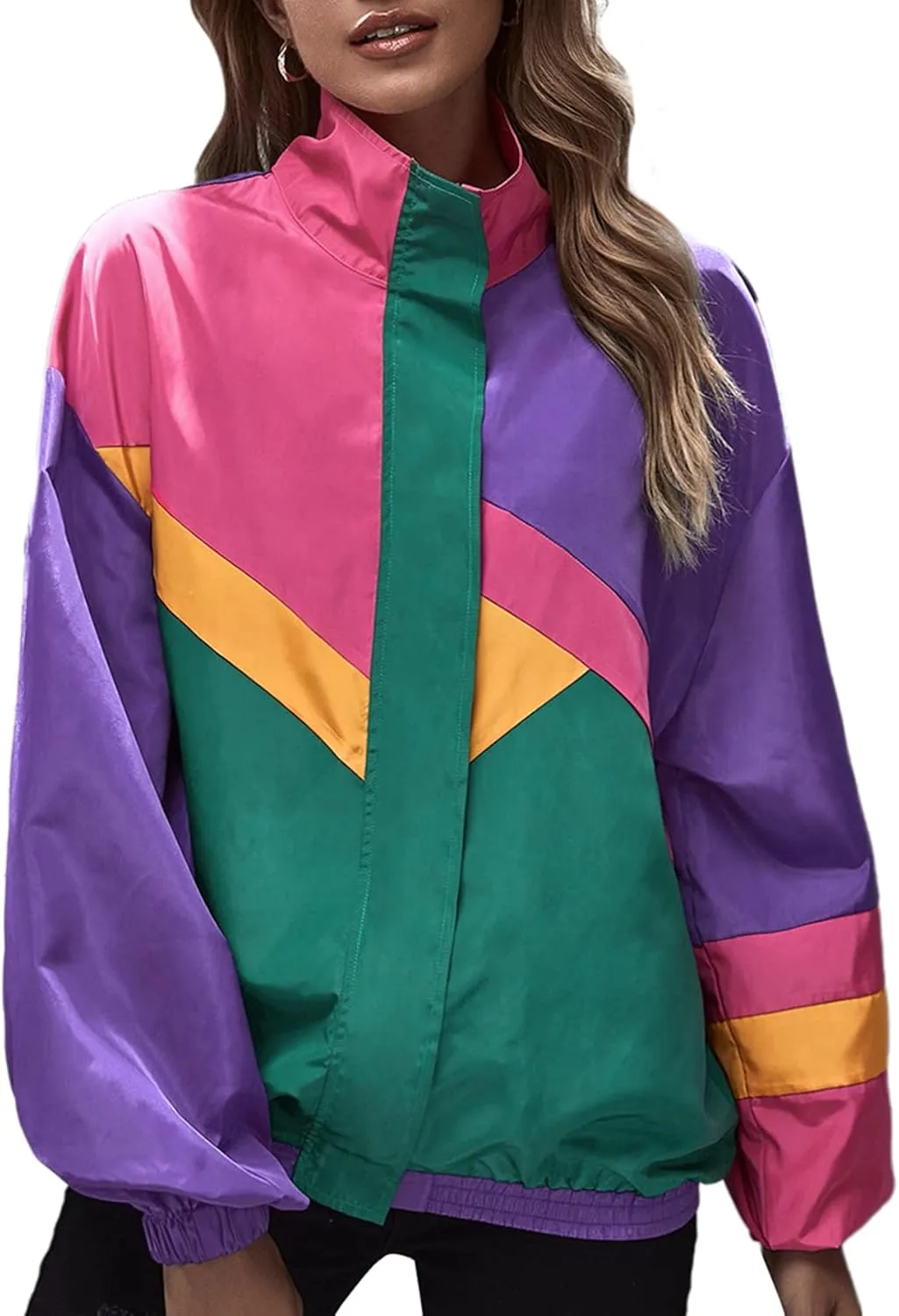 SweatyRocks Women's Zip Up Color Block Lightweight Jacket Patchwork Sport Windbreaker Jacket Coat Outerwear