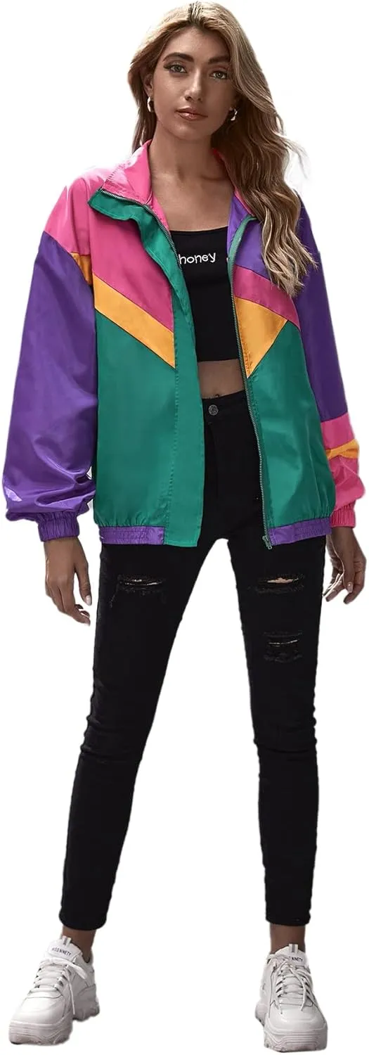 SweatyRocks Women's Zip Up Color Block Lightweight Jacket Patchwork Sport Windbreaker Jacket Coat Outerwear