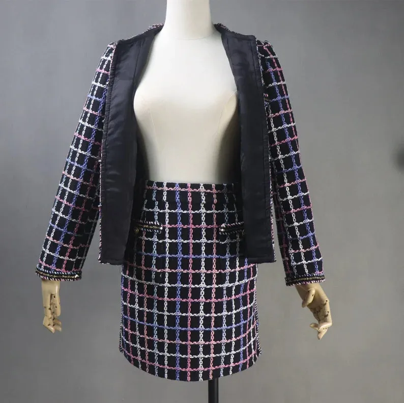 Tailor Suit For Women Multi-Color Check Pattern Tweed Jacket Coat Blazer   Shorts/Skirts/Trousers