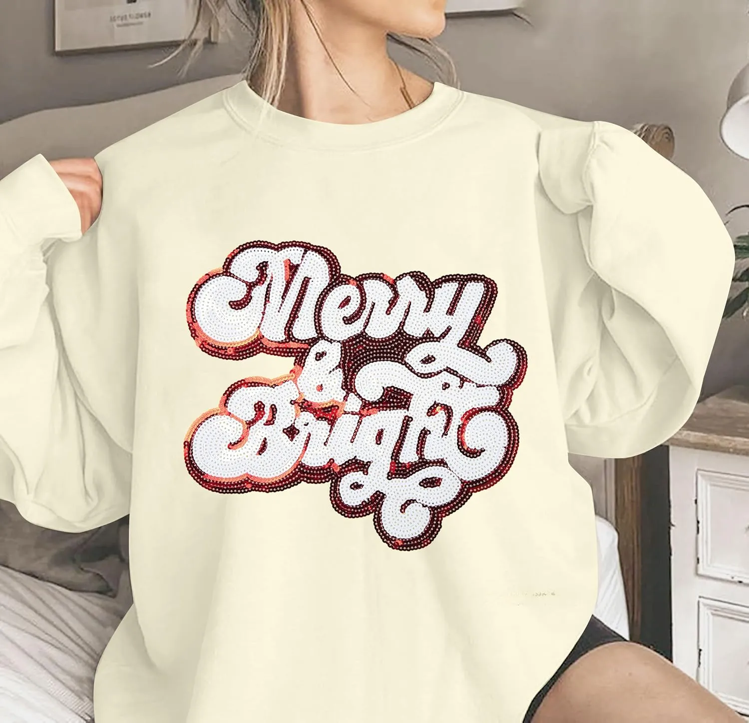 UNIQUEONE Ugly Christmas Sweatshirts Women Christmas Sweater Xmas Tree Sequin Top Winter Crewneck Family Holiday Outfits